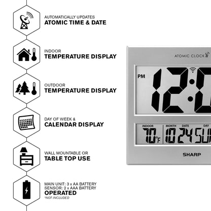 Sharp Atomic Clock - Atomic Accuracy - Never Needs Setting! -Silver Tech Style - Jumbo 3" Easy to Read Numbers - Indoor/Outdoor Temperature Display with Wireless Outdoor Sensor - Easy Set-Up!