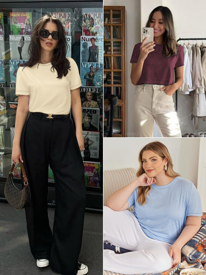 ATHMILE Ladies Tops and Short Sleeve T Shirts for Women Round Neck Simple Clothes Basic Tee 2025 Trendy Black