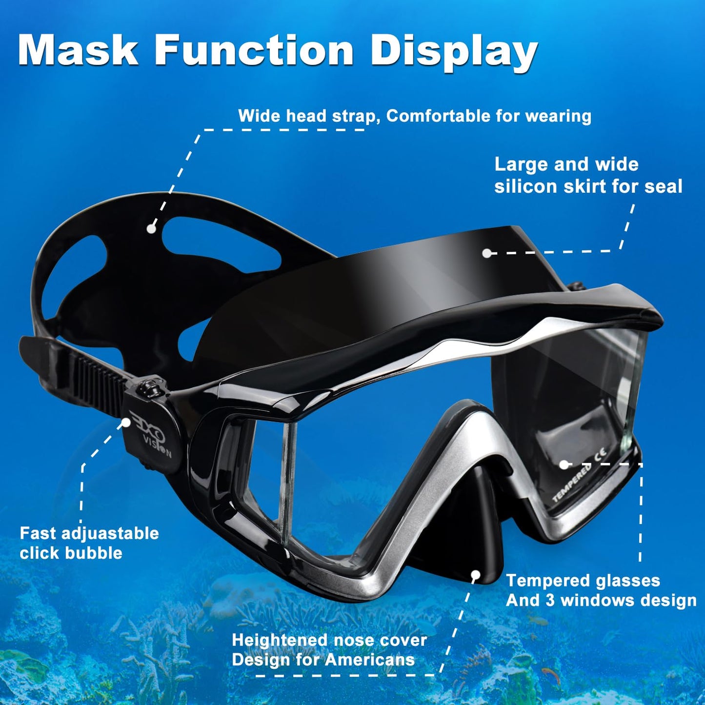 Snorkel Set Pano 3 Adult Snorkeling Gear, Professional Anti-Fog Snorkel Mask Dry Top Snorkel, Tempered Glass Scuba Diving Mask for Freediving, Snorkeling and Swimming(Black Set)