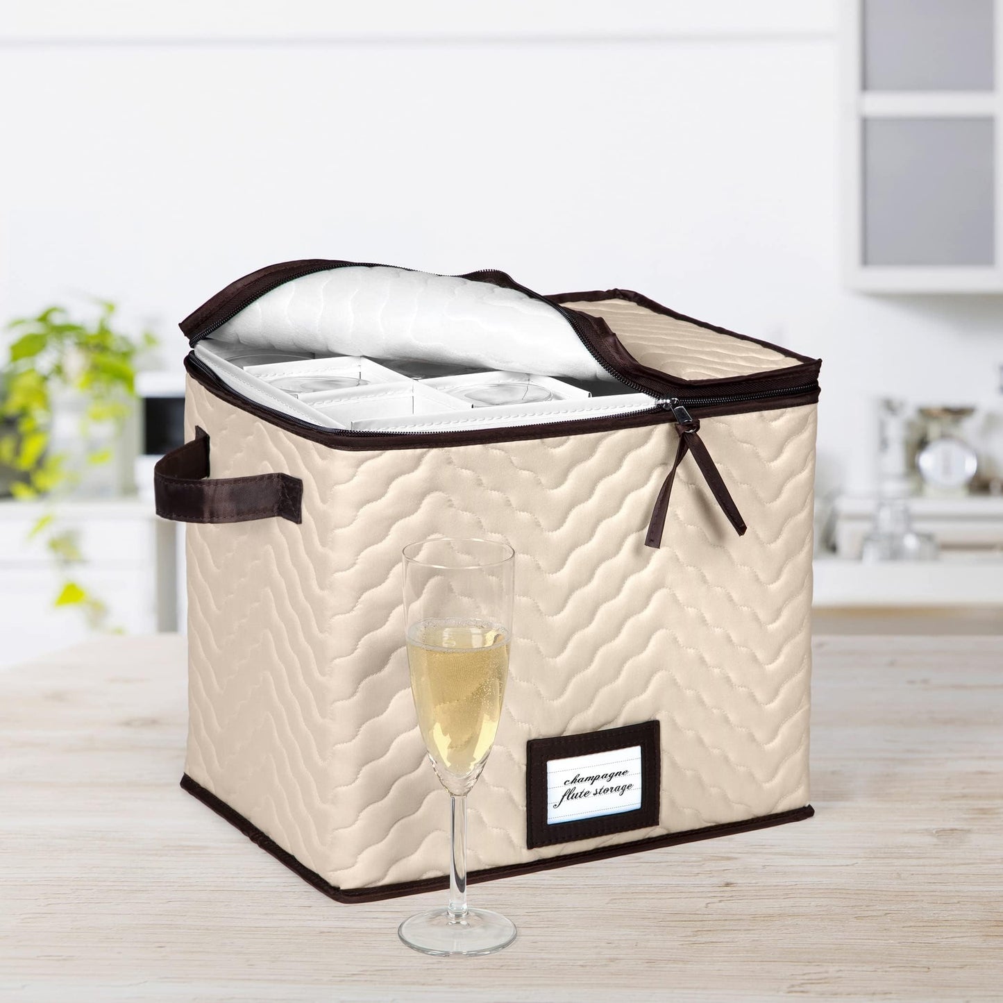 Champagne Flute Glass Storage Box with Dividers - Holds 12 Champagne Flute Glass up to 3" Wide - Stemware Storage Case - Protects Fine China - Durable Quilted Microfiber Bin with Carry Handles