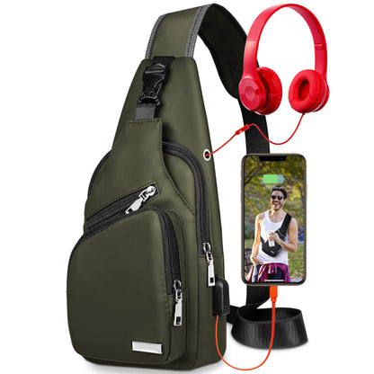 Waterproof Sling Bag Crossbody Backpack for Men Women Sling Backpack Hiking Daypack Multipurpose Cross Body Chest Bag with USB Charger Hole & Headphone Hole for Outdoor Walking Travel(ArmyGreen)