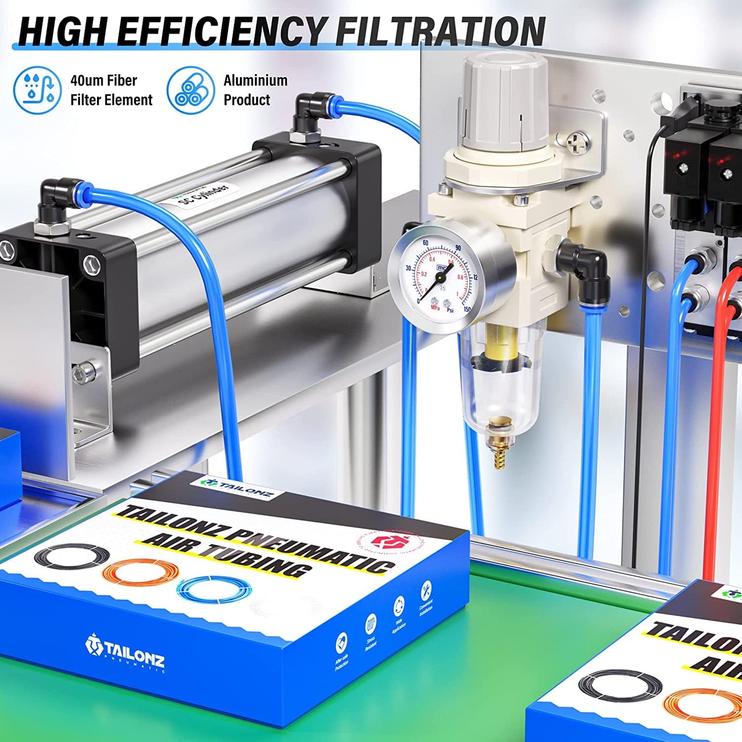 TAILONZ PNEUMATIC 1/4 Inch NPT Air Filter Pressure Regulator Combo Piggyback, 5 Micron Brass Element Air Tool Compressor Filter with Gauge AW2000-02,with Red Handle Ball Valve