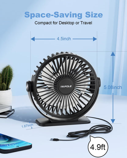 TriPole Desk Fan 2 Pack Black USB Powered Small Portable Fan, 3 Speeds Adjustable Strong Breeze Mini Personal Fan, 360° Rotation Quiet Plug In USB Fan for Desktop Bedroom Office Table Travel, 4.5in