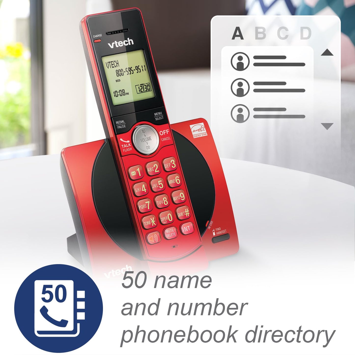 VTech Cordless Phone for Home with Caller ID/Call Waiting, CS6919-16 Landline Phones, Illuminated Keypad, Full Duplex Speakerphone, Wall Mount, Red