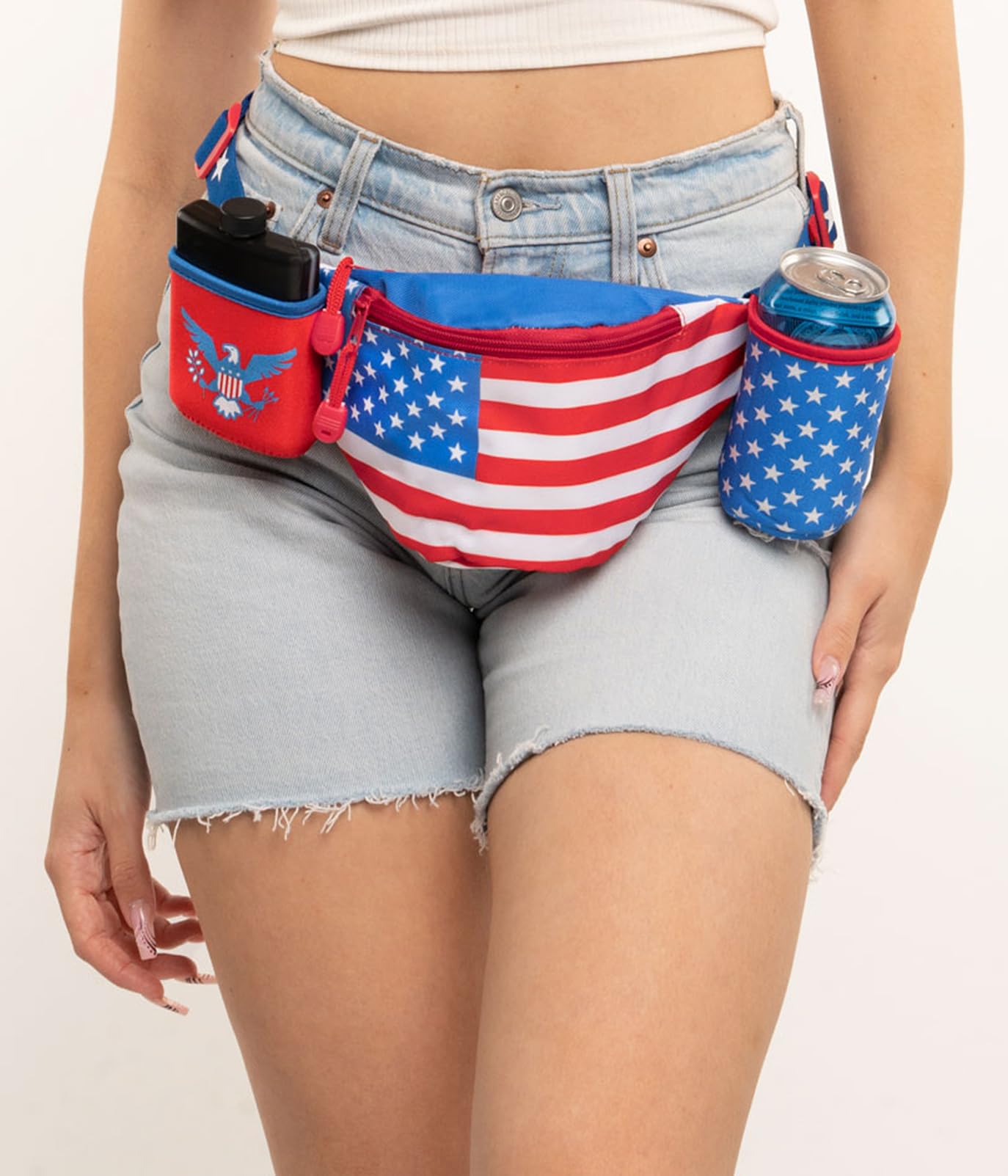 Tipsy Elves USA Flag Fanny Pack with 2 Detachable Drink Carrier Includes Bottle Opener - Patriotic American Flag Fanny Pack - Adjustable Belt Strap Waist Bag July 4th Parties Beach BBQs (Red Blue)