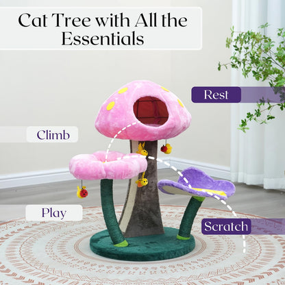 Catry® Wonderland 3-Level 31" Cat Tree with Mushroom Condo, Flower Perch, Sisal Scratching Pad, Parts Replaceable, Garden Style with Bee Toys. Multi- Color