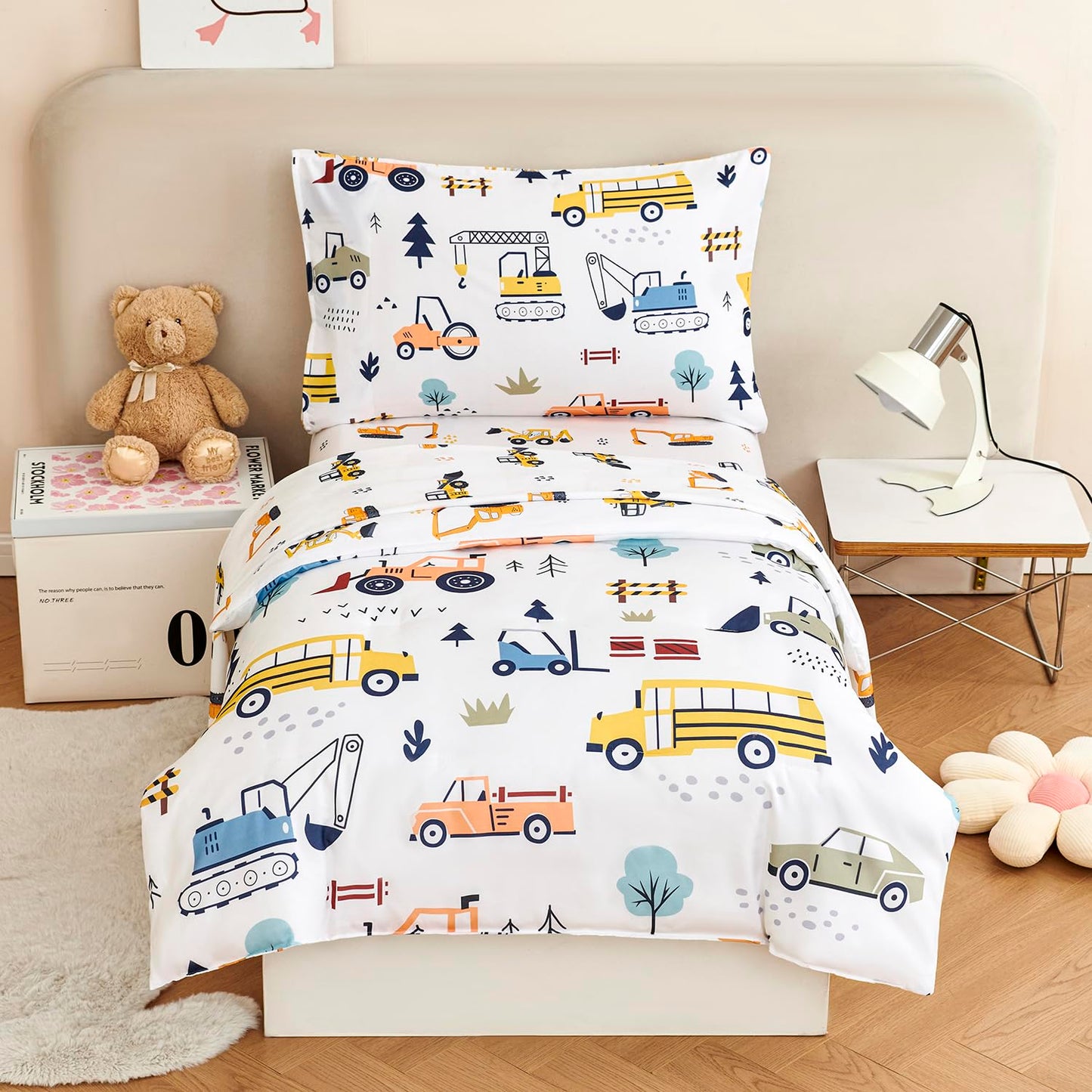 URBONUR 4-Piece Toddler Bedding Set for Boys Construction Car Printed Vehicles Toddler Comforter Set with Sheets Lightweight and Soft Perfect for Kids 2-6 Year Old Toddler Bed in a Bag