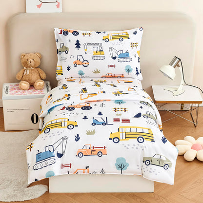 URBONUR 4-Piece Toddler Bedding Set for Boys Construction Car Printed Vehicles Toddler Comforter Set with Sheets Lightweight and Soft Perfect for Kids 2-6 Year Old Toddler Bed in a Bag