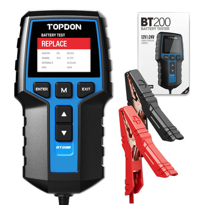 Car Battery Tester 24V 12V Load Tester, TOPDON BT200 100-2000CCA Automotive Alternator Tester Digital Auto Battery Analyzer Charging Cranking System Tester for Car Truck Motorcycle ATV SUV Boat Yacht