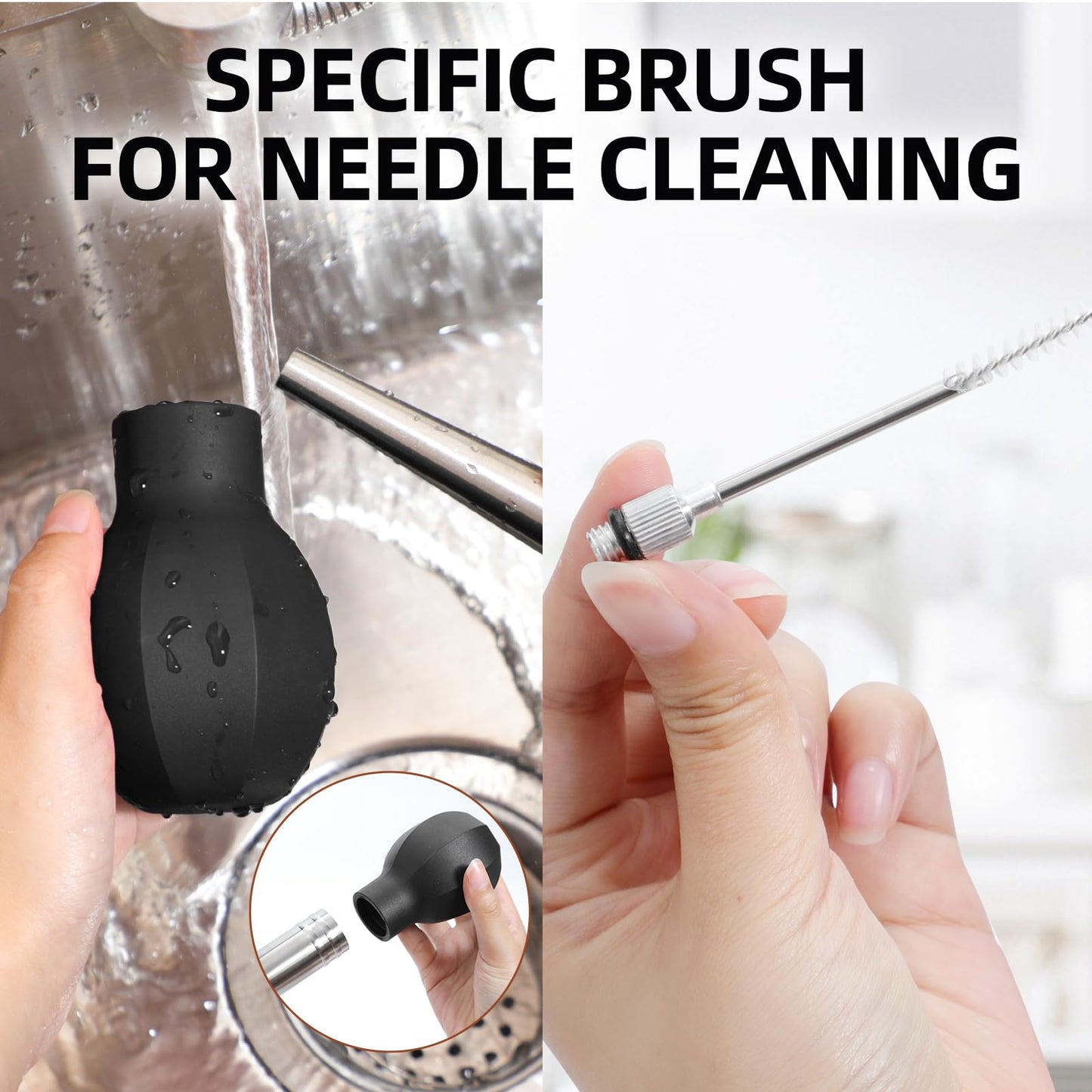 SCHVUBENR Large Turkey Baster with Cleaning Brush & Needle - Stainless Steel Baster Tool for Cooking - Easy to Use and Clean - Heavy Duty Baster Syringe - Flavor Meat Poultry, Beef, Chicken - Black