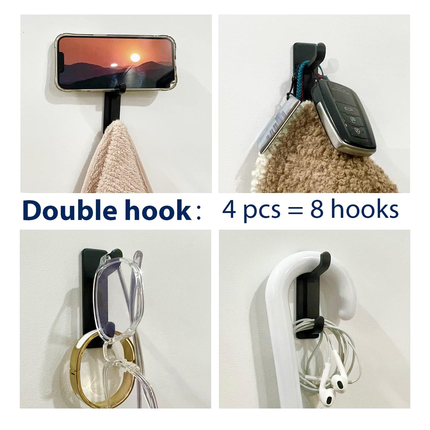 Wall Hooks for Coat and Towel: 13LB Adhesive Door Hanger Stick on, Black 4 Pack