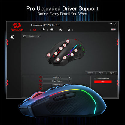 Redragon M612 PRO RGB Gaming Mouse, 8000 DPI Wired/Wireless Optical Mouse with 9 Programmable Buttons & 7 Backlit Modes, BT & 2.4G Wireless, Software Supports DIY Keybinds Rapid Fire Button