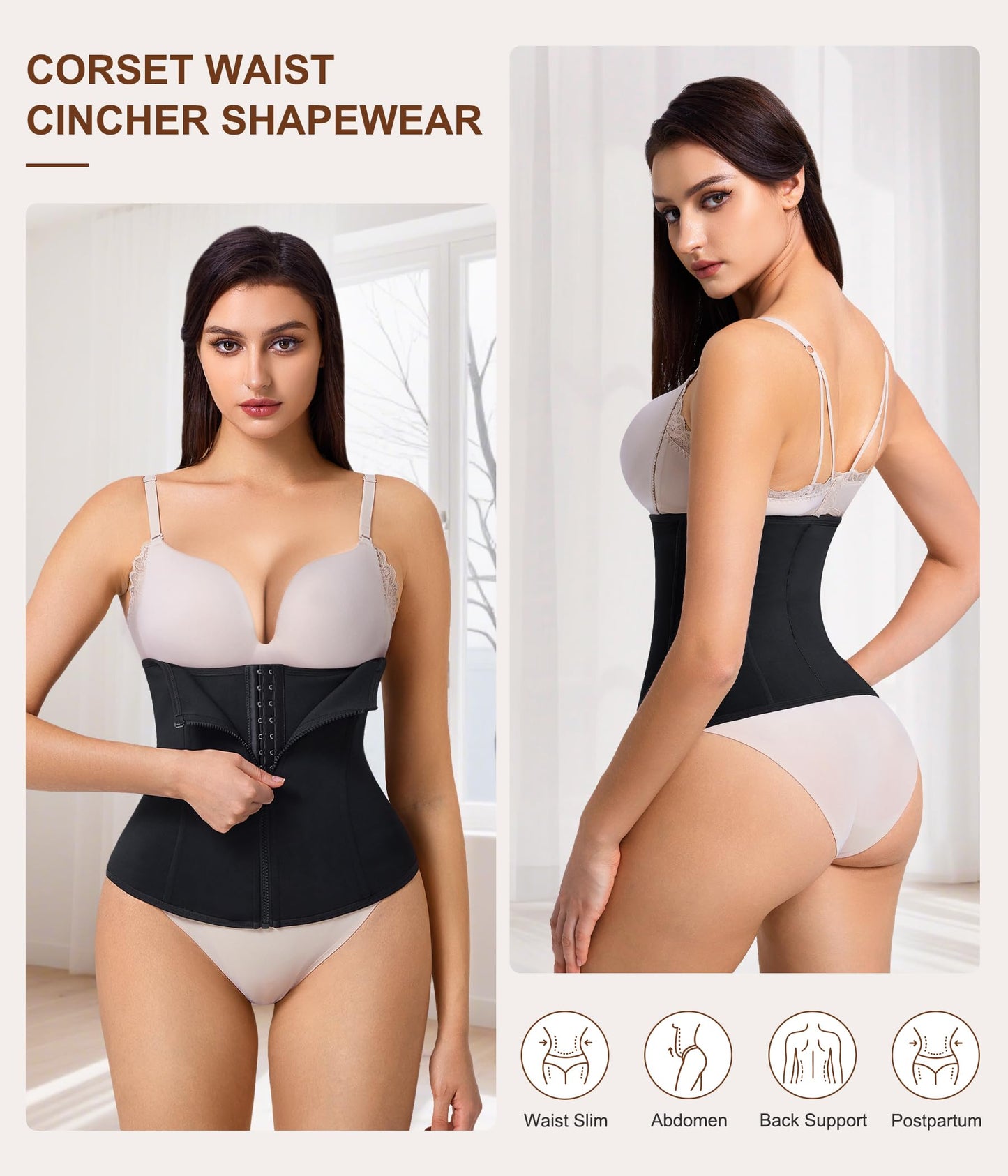 URSEXYLY Women Waist Trainer Corset Zipper Hook Shapewear Double Control Body Shaper Tummy Control Waist Cincher (3XL, Black)