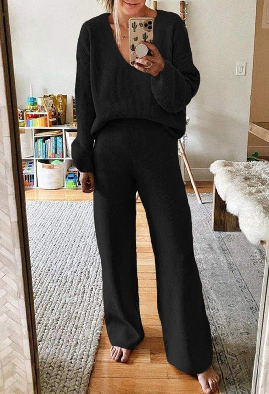 Two Piece Sleepwear for Women High Waist Pullover Sweatsuits Leisure Wear Sets Monochromatic Sweatsuit Activewear Black M