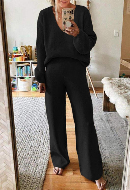 Two Piece Sleepwear for Women High Waist Pullover Sweatsuits Leisure Wear Sets Monochromatic Sweatsuit Activewear Black M