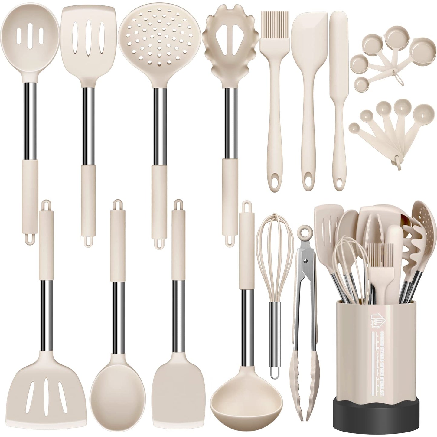 Silicone Cooking Utensil Set, Fungun Non-stick Kitchen Utensil 24 Pcs Cooking Utensils Set, Heat Resistant Cookware, Silicone Kitchen Tools Gift with Stainless Steel Handle (Khaki-24pcs) …