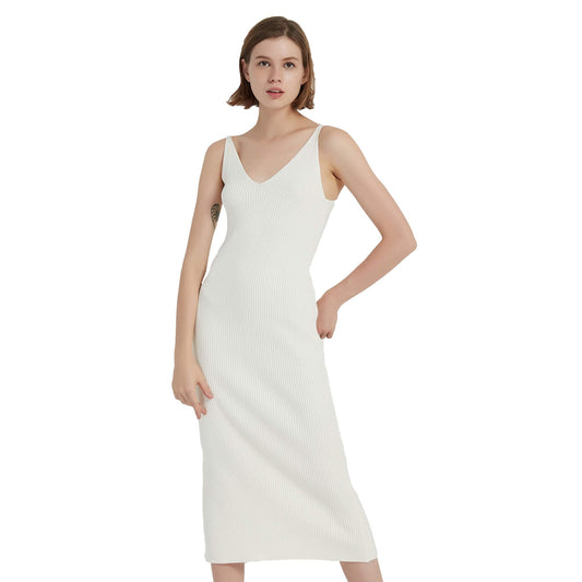 RZIV Women's Sleeveless Sweater Dress Knit Slim V Neck Bodycon Midi Stretchable Elasticity Slim Fits White