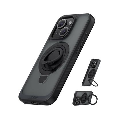 Anker Magnetic Ring Stand for iPhone 15 Case, Silicone Finger Ring Grip Stand Holder, Military Grade Drop Tested, Compatible with MagSafe, Built in Kickstand, Soft Edge Anti-Fingerprint, Black