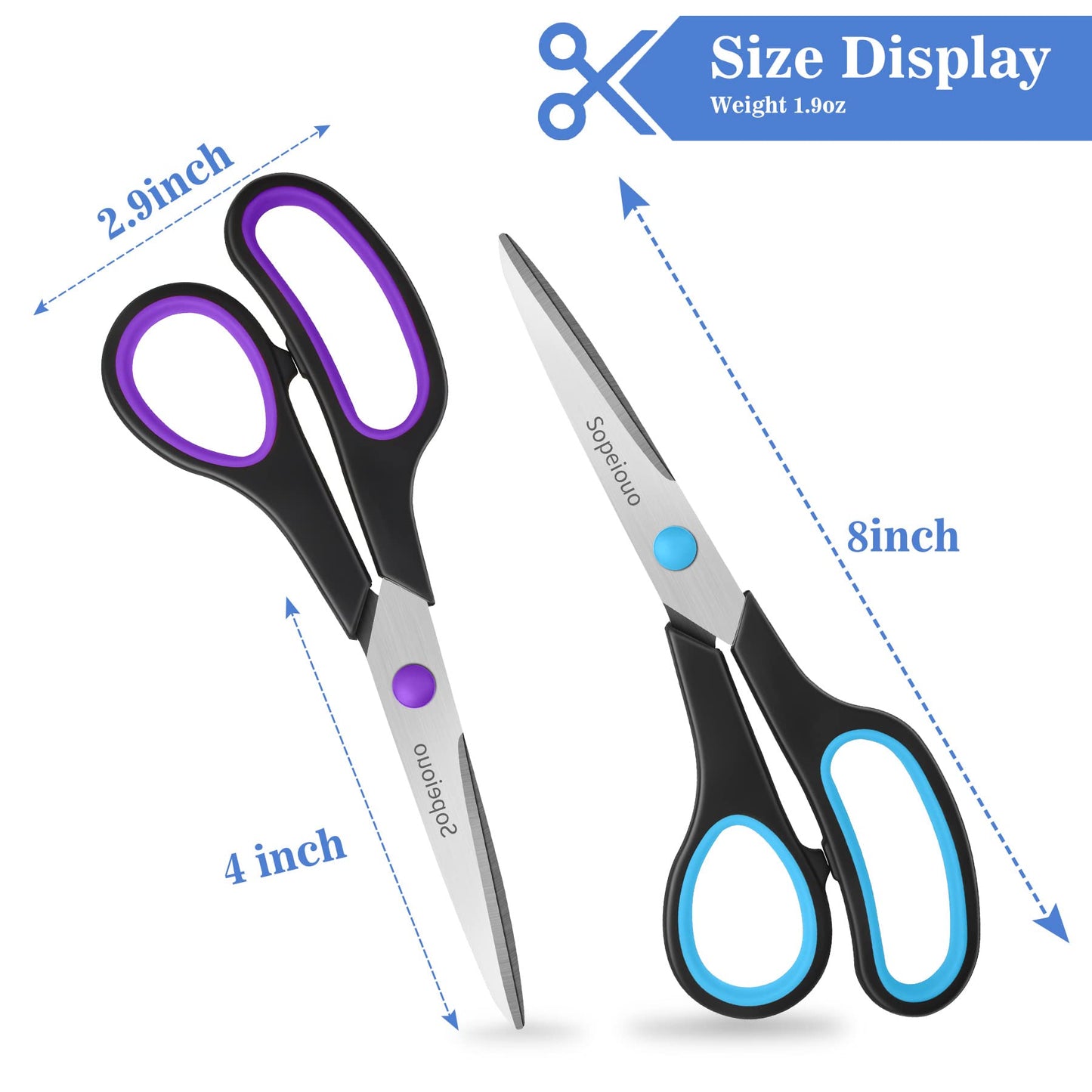 Scissors Set of 6-Pack, 8" Scissors All Purpose Comfort-Grip Handles, Sharp Scissor for Office Home School Craft Sewing Fabric Supplies, High/Middle School Student Teacher, Right/Left Hand