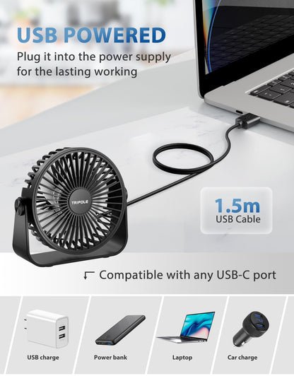 TriPole USB Desk Fan 4.5 Inches Portable Mini Fan Powerful 3 Speeds Wind Personal Desktop Fan with 360° Head Rotation for Home Office Car Indoor Outdoor Black, No Battery