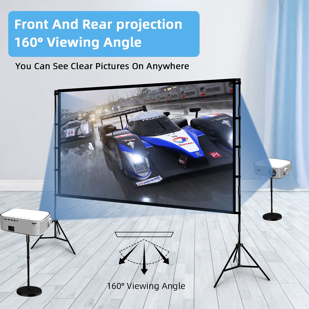 TOWOND Projector Screen with Stand, 100 inch Outdoor Projector Screen Portable Indoor Projection Screen 16:9 4K Rear Front Movie Screen with Carry Bag for Home Backyard Theater