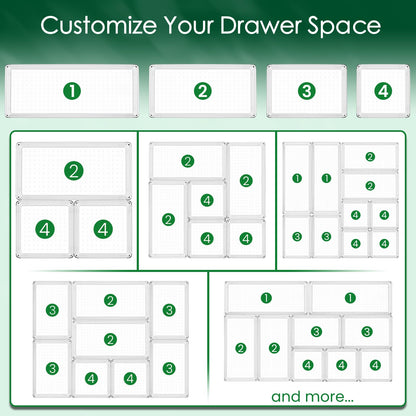 Criusia Drawer Organizer Set, Acrylic Non Slip Non Cracking Kitchen Drawer Storage Tray Large Size Divider, Multifunctional Storage for Cosmetics, Bathroom, Tools, Kitchen and Office (8 PACK)