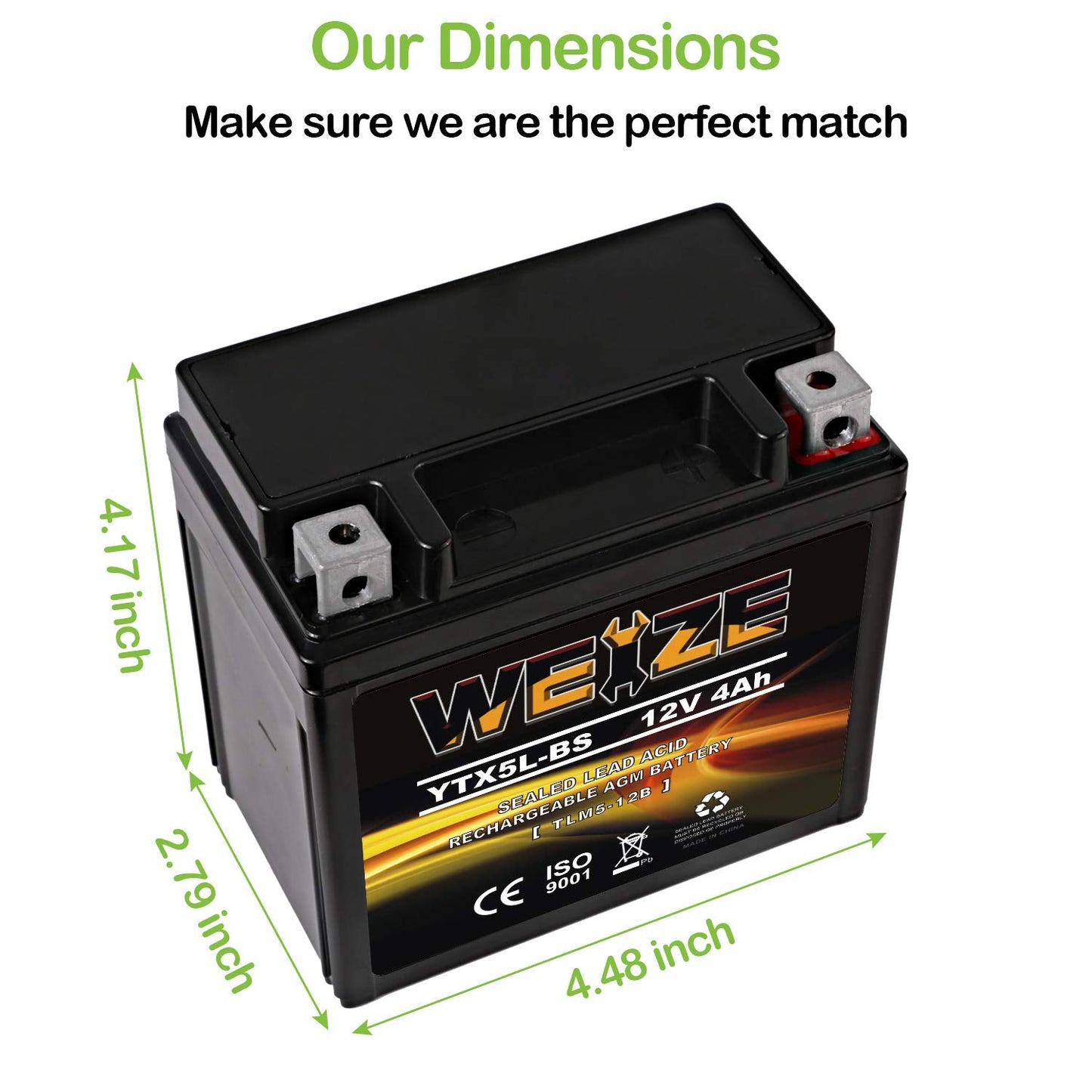Weize YTX5L-BS High Performance - Maintenance Free - Sealed AGM Motorcycle CTX5L Battery compatible with Honda YUASA Yamaha ETX5L-BS Batteries