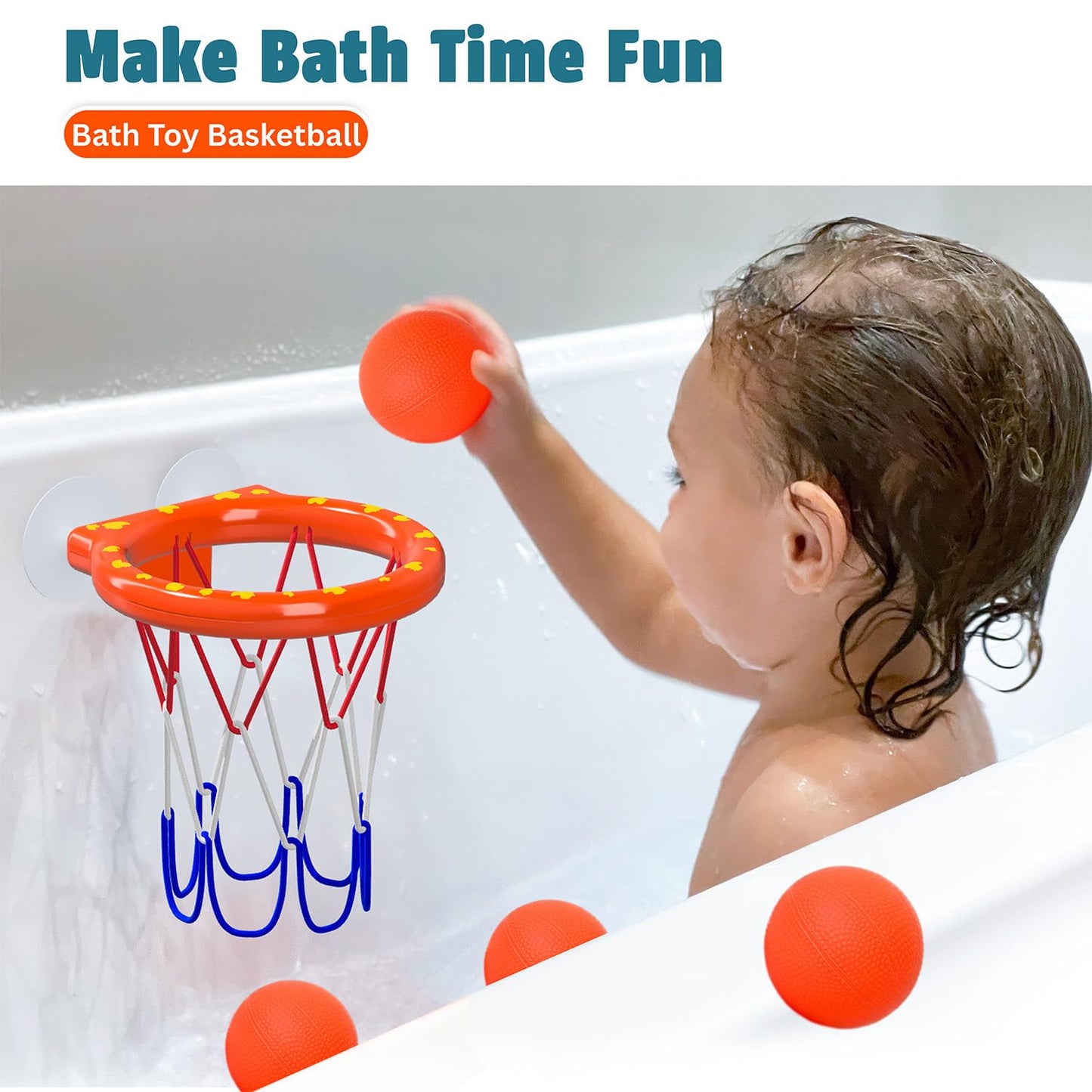Bath Toys – Bathtub Basketball Hoop for Toddlers, Kids, Boys and Girls | 4 No-Hole Balls & Strong Suction Cups | Fun Basketball Bath Toy for Toddlers