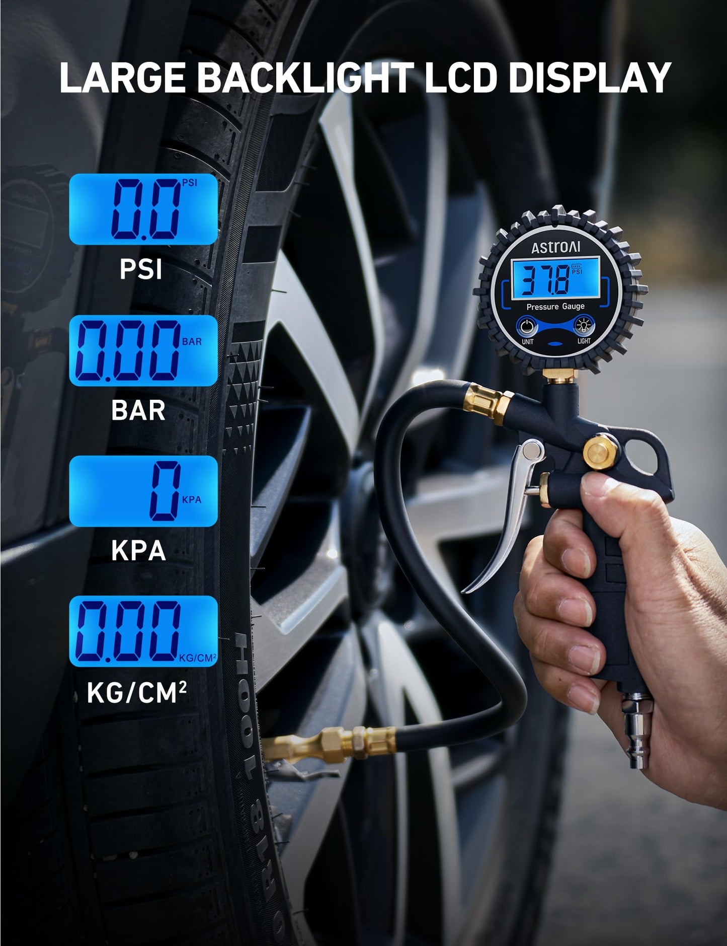 AstroAI Digital Tire Pressure Gauge with Inflator, 3-250 PSI Air Chuck & Compressor Accessories Heavy Duty with Quick Connect Coupler, 0.1 Display Resolution (Standard with Case)