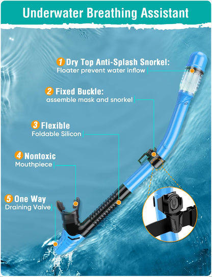 Seovediary Snorkel Set Adults Snorkeling Gear Anti-Fog Panoramic View Swim Mask Dry Top Snorkel Kit with Carry Bag for Snorkeling Scuba Diving Swimming Travel