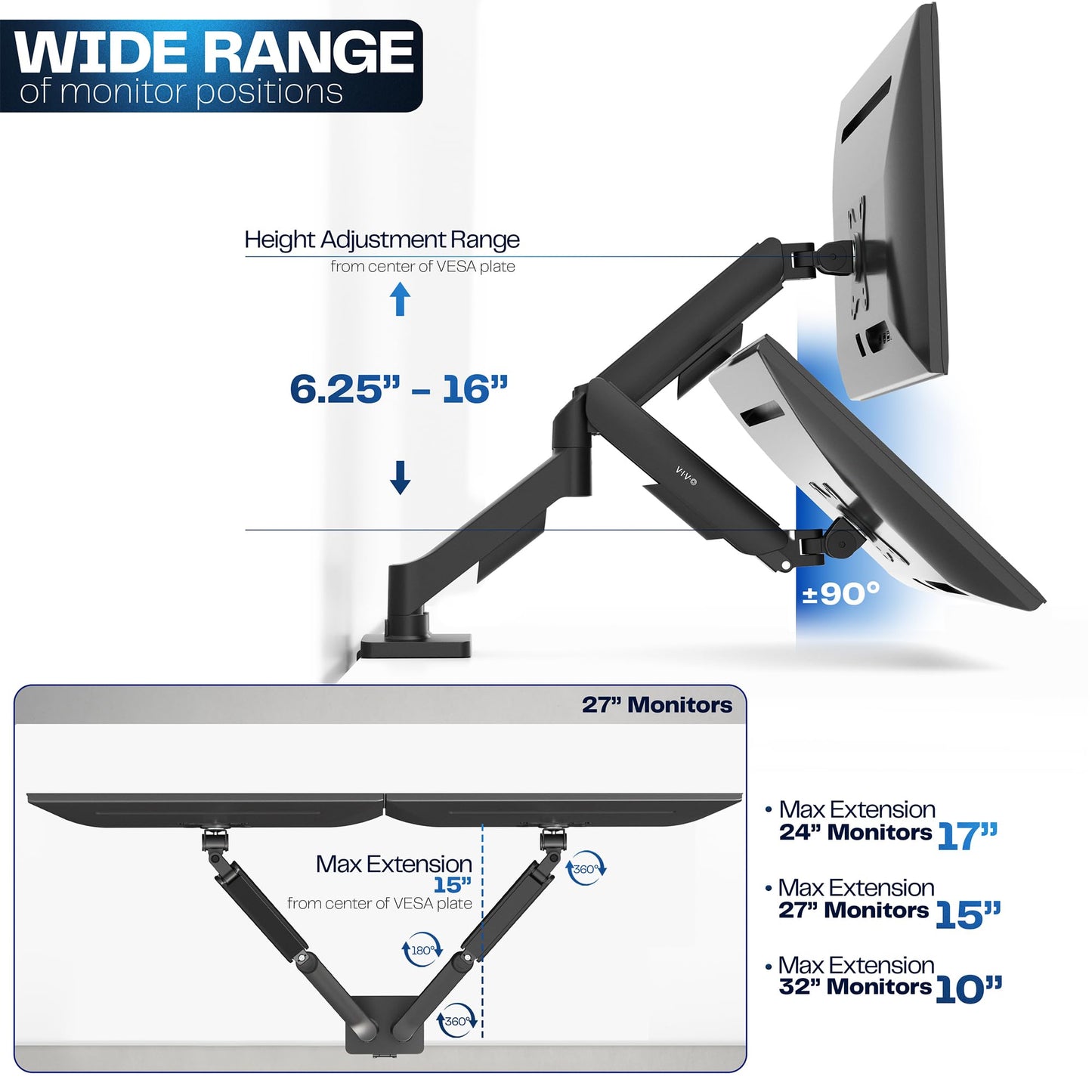 VIVO Dual Monitor up to 32 inches and 19.8 lbs per Screen, Pneumatic Arm Desk Mount, Articulating Counterbalance, VESA Stand, Classic, STAND-V002O