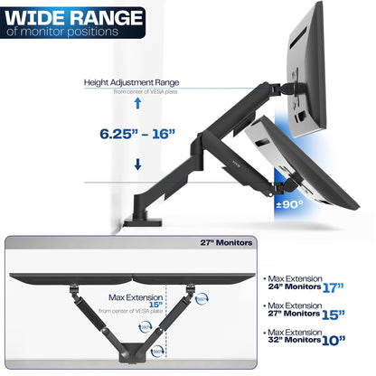 VIVO Dual Monitor up to 32 inches and 19.8 lbs per Screen, Pneumatic Arm Desk Mount, Articulating Counterbalance, VESA Stand, Classic, STAND-V002O