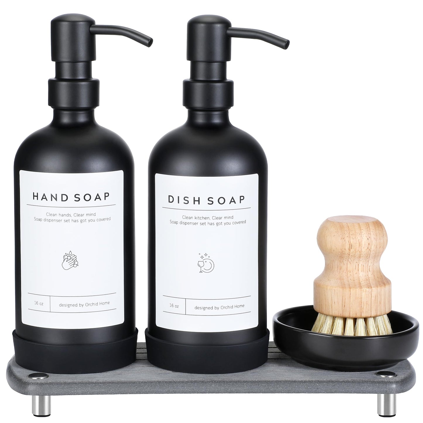 [Luxury] Kitchen Soap Dispenser Set - 16OZ Black Glass Bottle, Stainless Steel Pump, Instant Dry Tray, Waterproof Labels, Non-Slip Silicone Pad, and Dish Brush | Upgrade for Your Kitchen and Bathroom