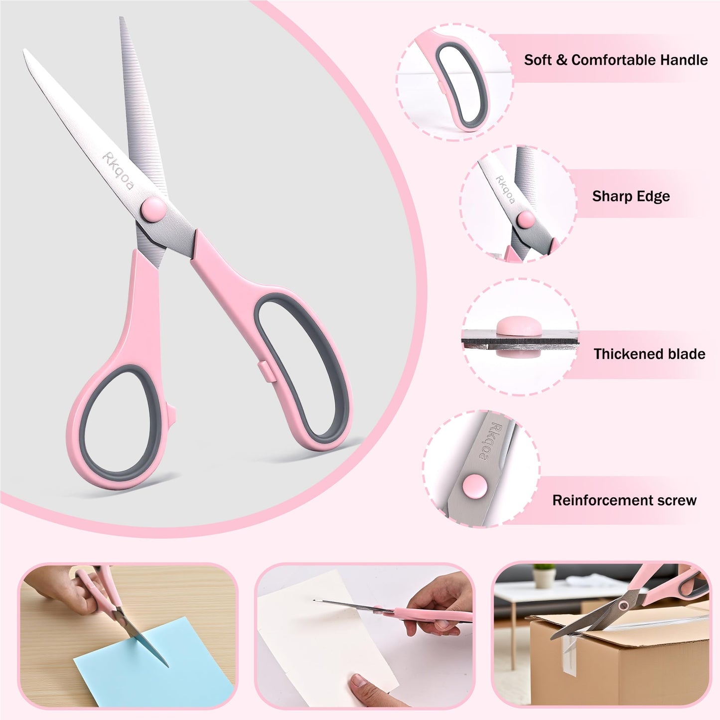 Scissors, Rkqoa 8" Adult Scissors All Purpose 6 Pack - Comfort-Grip Sharp Shears for Office School Sewing Fabric Craft Art Supplies, Teacher/Class Everyday Use, Right/Left Handles