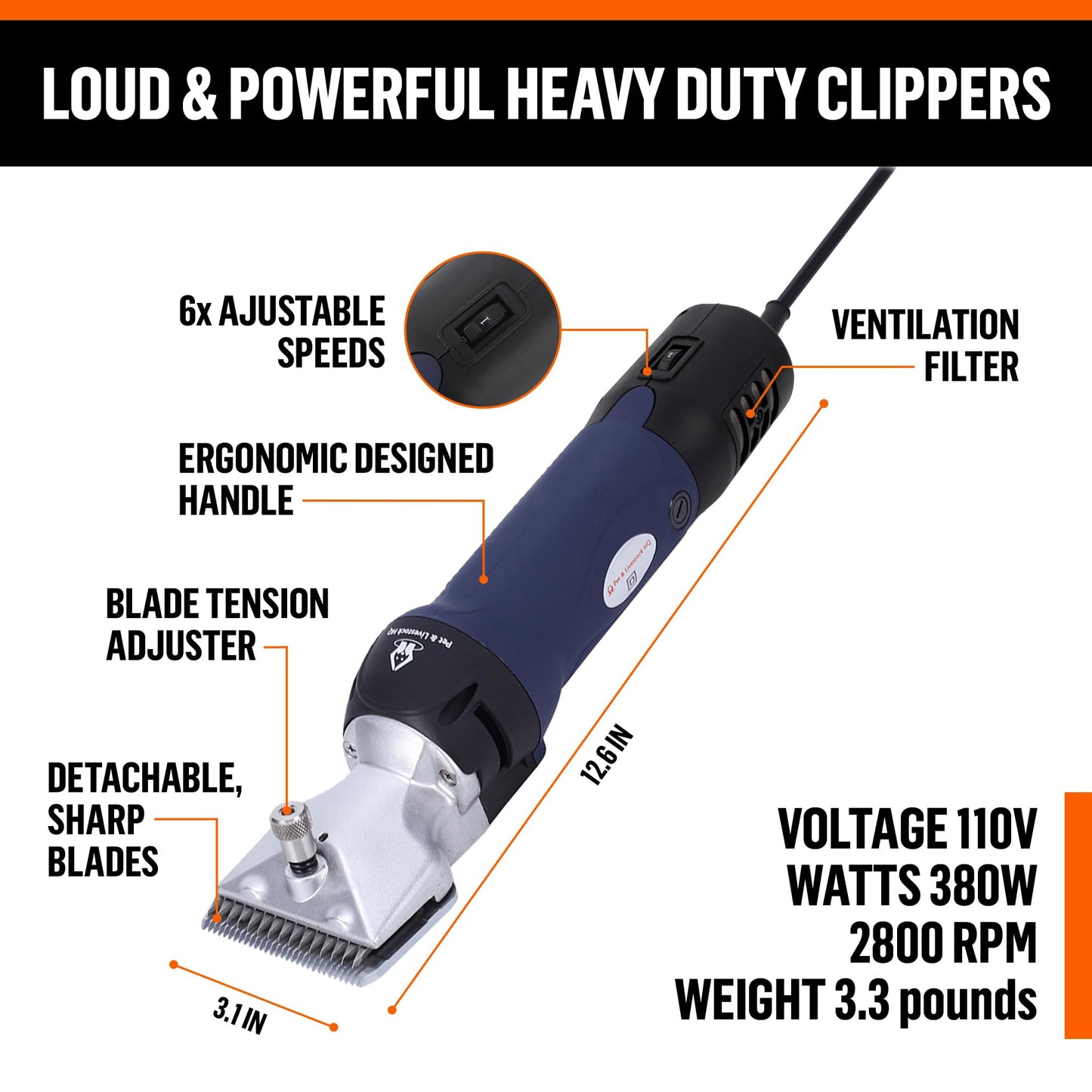 Professional Dog Grooming Clippers for Thick Coats - Shears Heavy Duty Hair Cutting Kit - Large Dog Shaver Set - Pet Trimmer for XL Large Dogs, Horses, Livestock