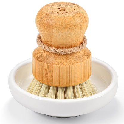 SUBEKYU Bamboo Dish Scrub Brush for Kitchen Sink, Natural Wooden Washing Dish Brush Scrubber with Sisal Bristles for Household Cleaning, Cast Iron Pots, Pans and Vegetables