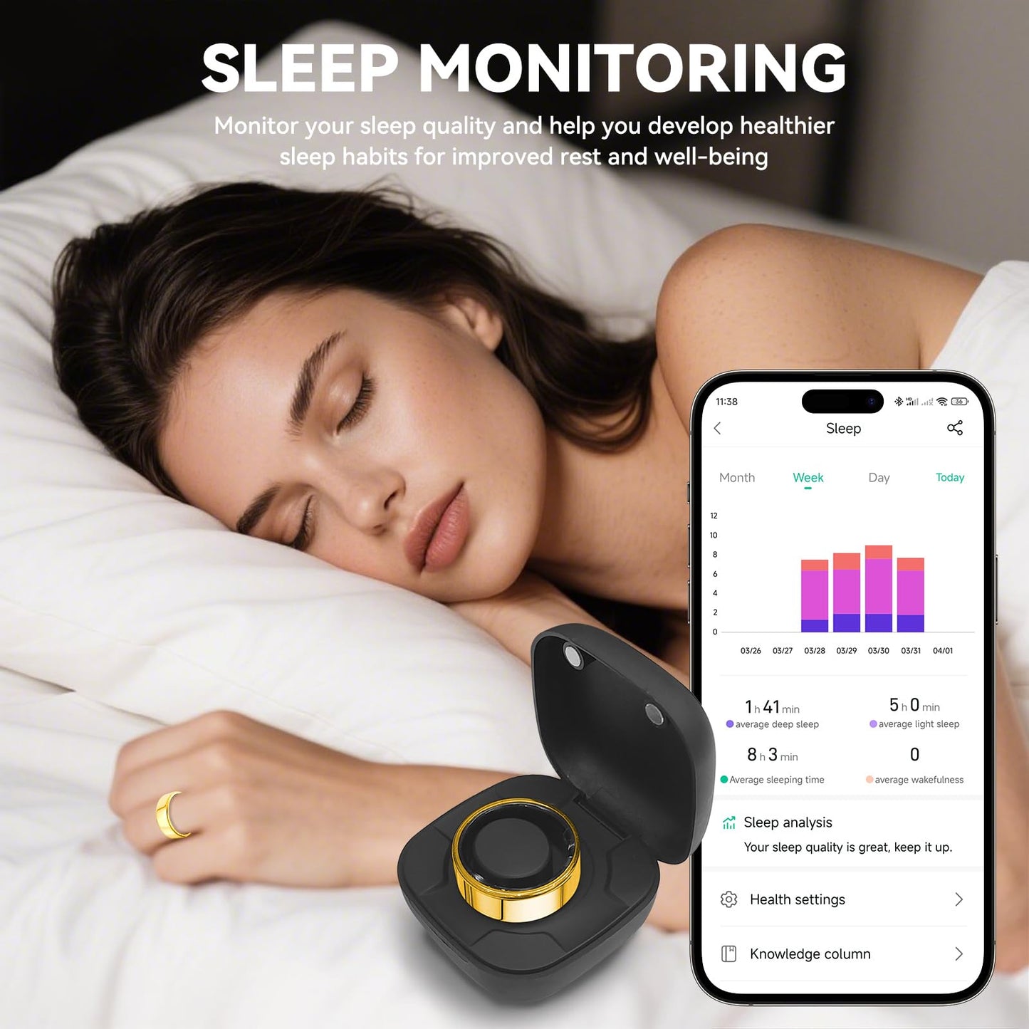 Smart Ring for Men Women with Black Charging Box, Bluetooth, Health Ring , IP68 Waterproof, Fitness Ring Tracks Heart Rate/Sleep/Steps/Sports Activities/Blood Oxygen,non-subscription app (Gold, 10)