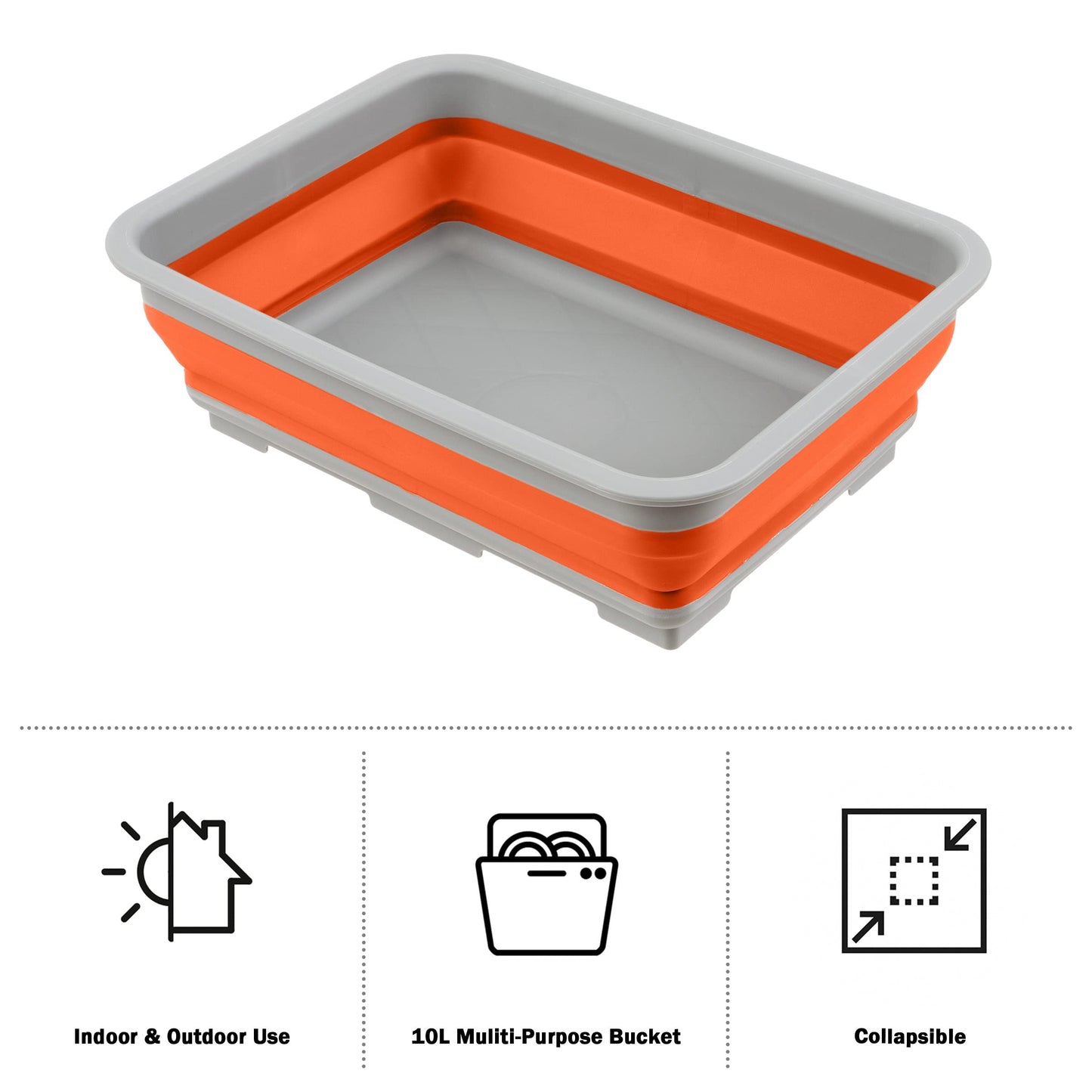 Set of 2 Multipurpose Wash Bins – 10-Liter Basins for Travel or Cleaning – Collapsible Bucket Camping Accessories by Wakeman (Orange)