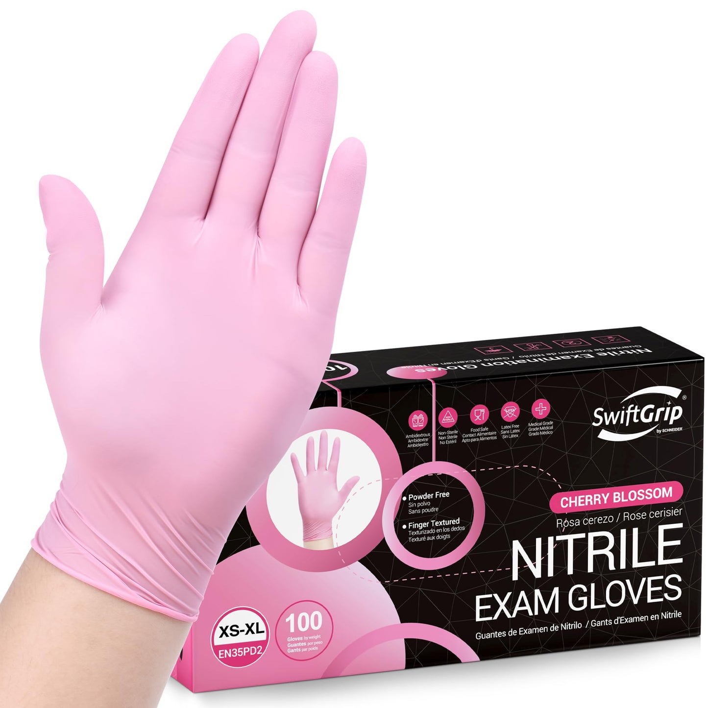 SwiftGrip Pink Nitrile Gloves, 3-mil, Industrial Gloves Disposable Latex Free, for Cleaning & Esthetician, Rubber Powder-Free, 100-ct Box (Medium) Medium (Pack of 100)