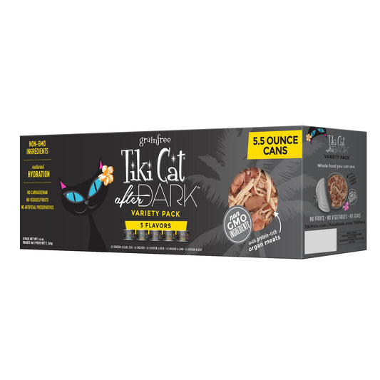 Tiki Cat After Dark, Variety Pack, High-Protein and 100% Non-GMO Ingredients, Wet Cat Food for Adult Cats, 5.5 oz. Cans (Pack of 8)