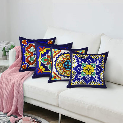 Semtomn Set of 4 Linen Throw Pillow Covers Spanish Talavera Exotic Geometry Dark Retro Ethnic Home Decorative 18"x18" Flax Pillow Cases Cushion Square Pillowcases