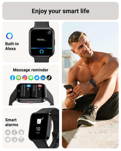 Smart Watch for Men Android & iPhone, Alexa Built-in, 1.8" Touch Screen Fitness Tracker with Answer/Make Calls, IP68 Waterproof Heart Rate/Sleep/SpO2 Monitor, Pedometer, 100+ Sport Modes