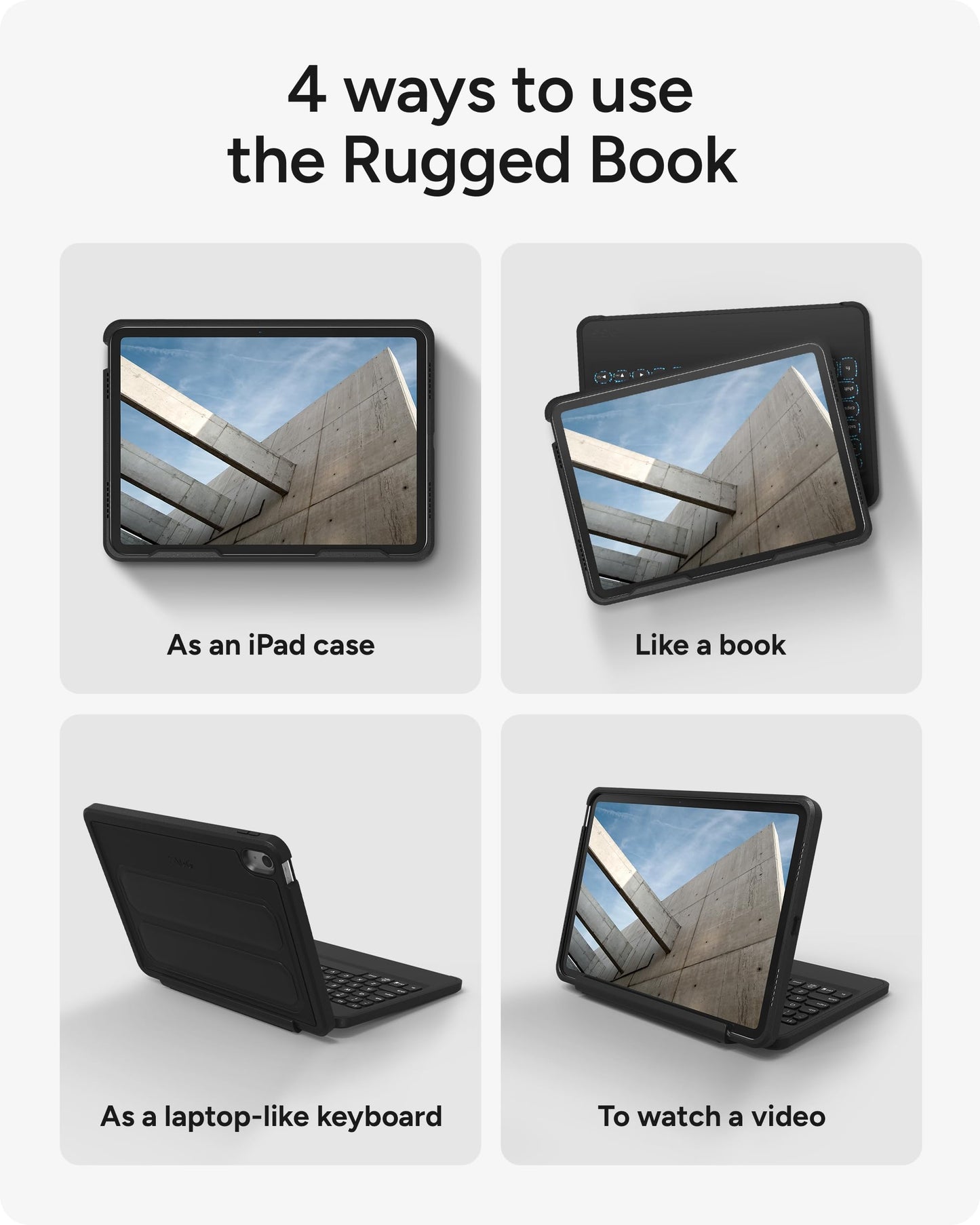 ZAGG Rugged Book iPad 11" (A16)/ 10.9" (Gen 10) Case - Durable Wireless Keyboard Case, Military-Grade Drop Protection, Multi-Device Pairing, Detachable Backlit Keyboard, Black