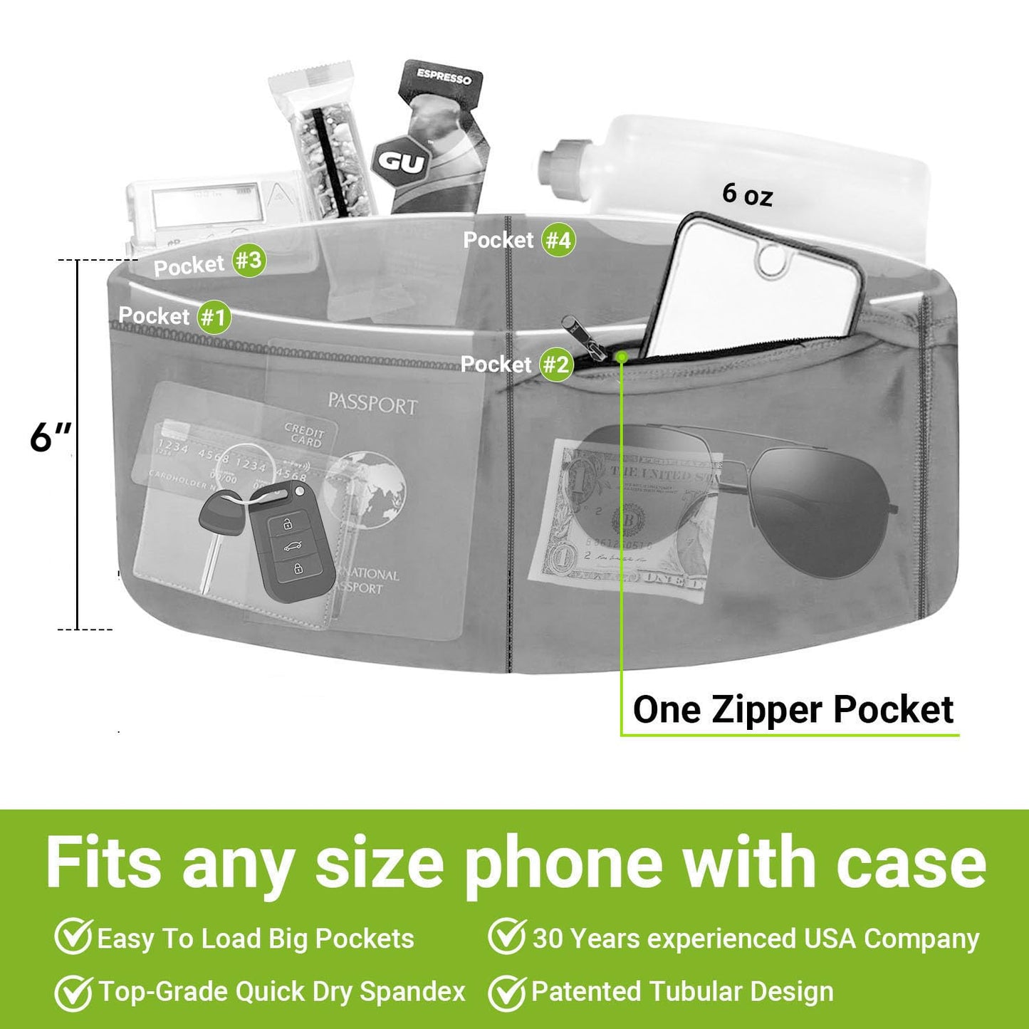 Unisex Travel Money Belt, Running Belt, Fanny and Waist Pack with Large Security Pockets and Zipper, Fits All Size Phones Passport and More