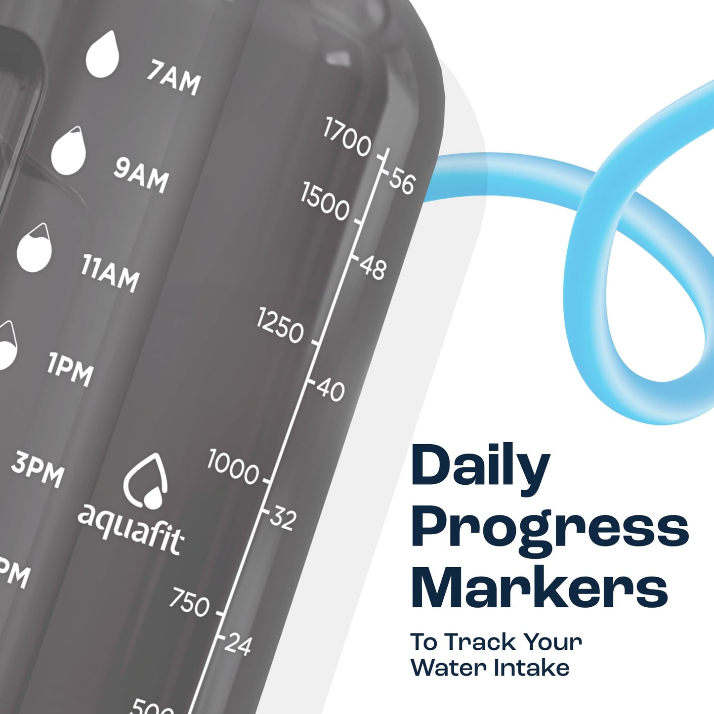 AQUAFIT 64 oz Water Bottle with Time Marker, Half Gallon Gym Bottle with Straw, Handle & 2-in-1 Lid