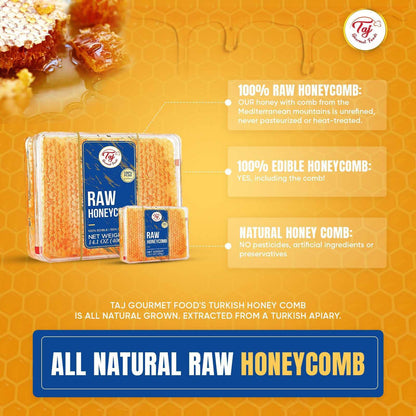 Taj Gourmet All Natural Raw Honeycomb 100% Honey Pure Turkish Raw Honey Comb -100% All Natural Edible Honey Combs Raw Edible - Perfect For Healthy Smoothies Honey With Honeycomb, 200g (7.05oz)
