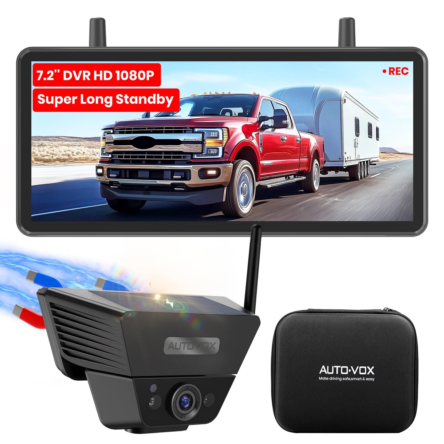 AUTO VOX Wireless Backup Camera Solar Magnetic: with 7.2" DVR 1080P 2 Split Recording Monitor, Dual Antenna Stable Signal,IP69K & 1-Min Install,HD IR Night Vision for Truck, Trailer, RV, Camper