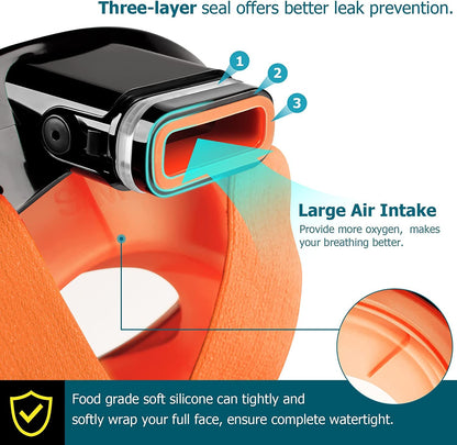 Relity Full Face Snorkel Mask with Upgraded Breathing System, Foldable 180° Panoramic View Anti-Leak Anti-Fog Snorkeling Gear for Adults with Detacha (Orange, Large-X-Large)