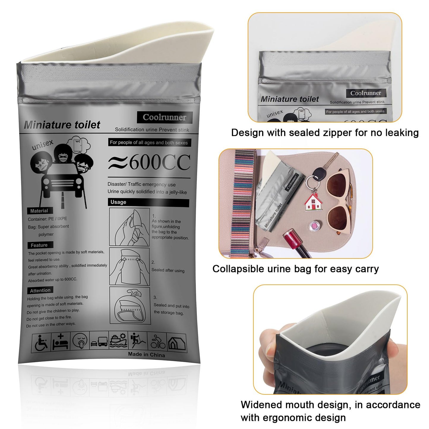 Coolrunner Disposable Urine Bags, Camping Pee Bags for Men Women, Disposable Urinals Vomit Bags for Travel Urinal Toilet Traffic Jam Emergency Portable Toilet for Kids, Patient (Grey-20p)