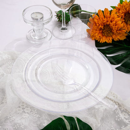 WDF 25 Guest Clear Plastic Plates with Clear Plastic Silverware - Clear Plates and Cups for Party include 25 Dinner Clear Plates, 25Salad Plates, 25Forks, 25Knives, 25 Spoons, 25Cups